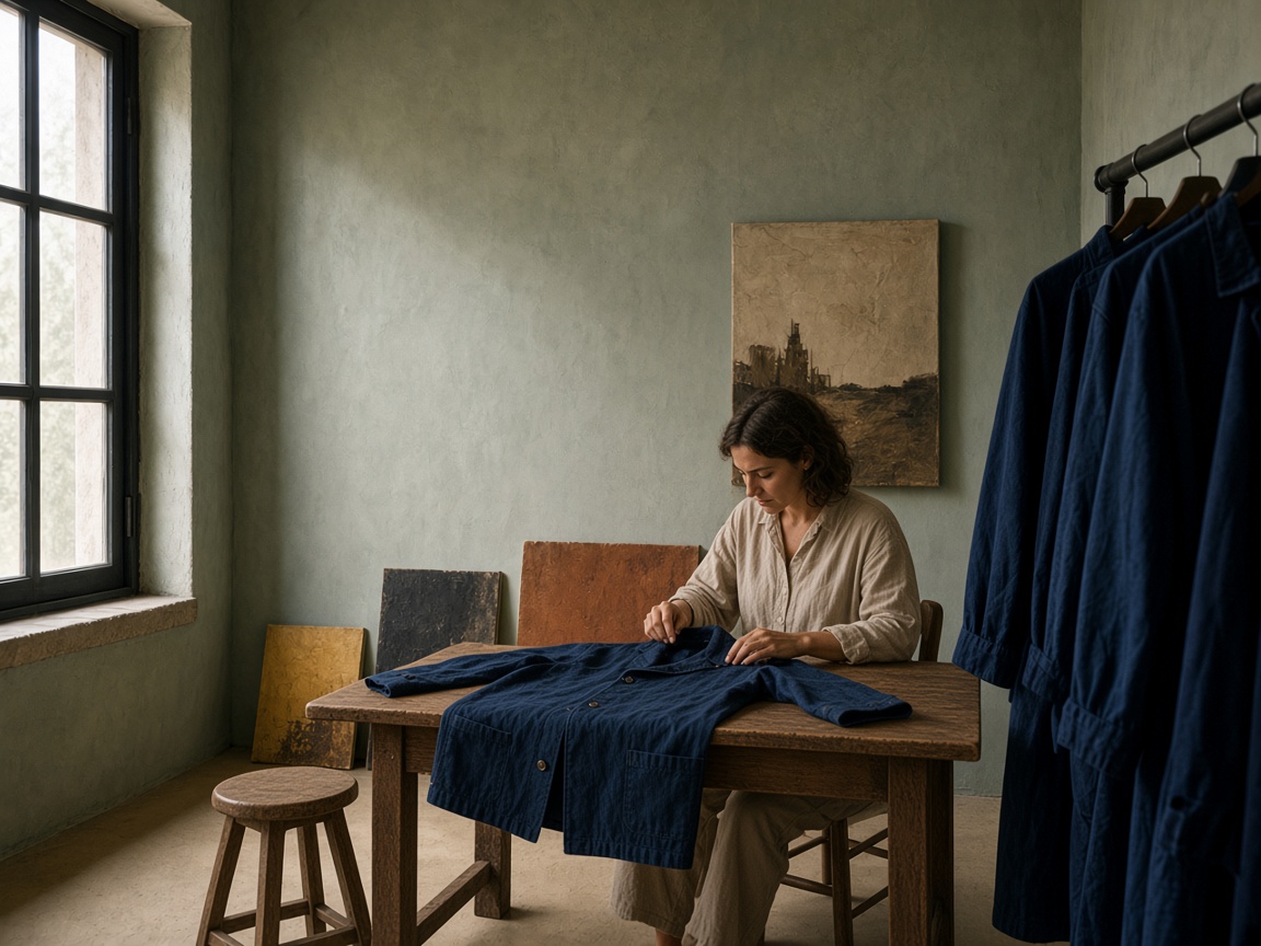 In atelier, una giacca blu sul tavolo e una tela appesa alla parete.